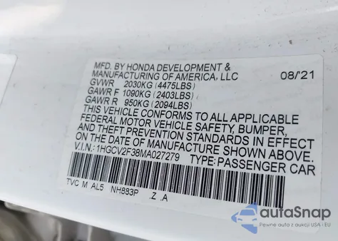 2021 Honda Accord Sport 2.0T из США, поврежденный, VIN 1HGCV2F38MA027279